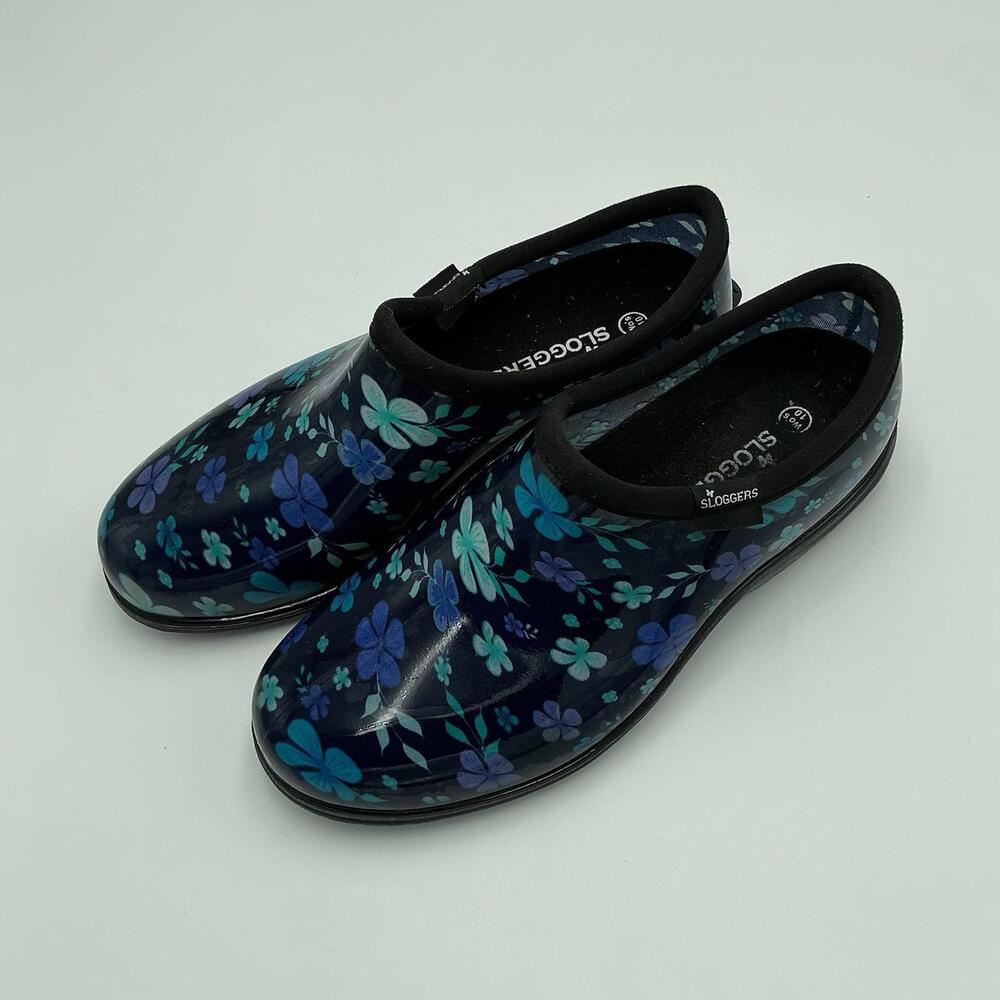 Sloggers Women’s Slip on Rain Garden Shoes Clogs Size 10 Navy Blue Floral